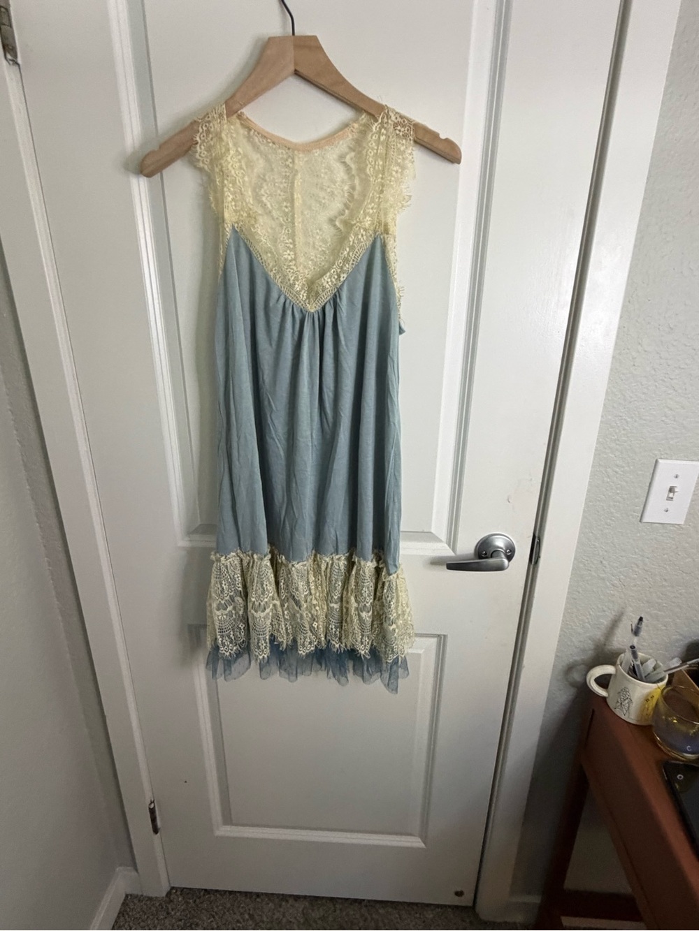 Blue and Cream Lace Trim Dress boho
